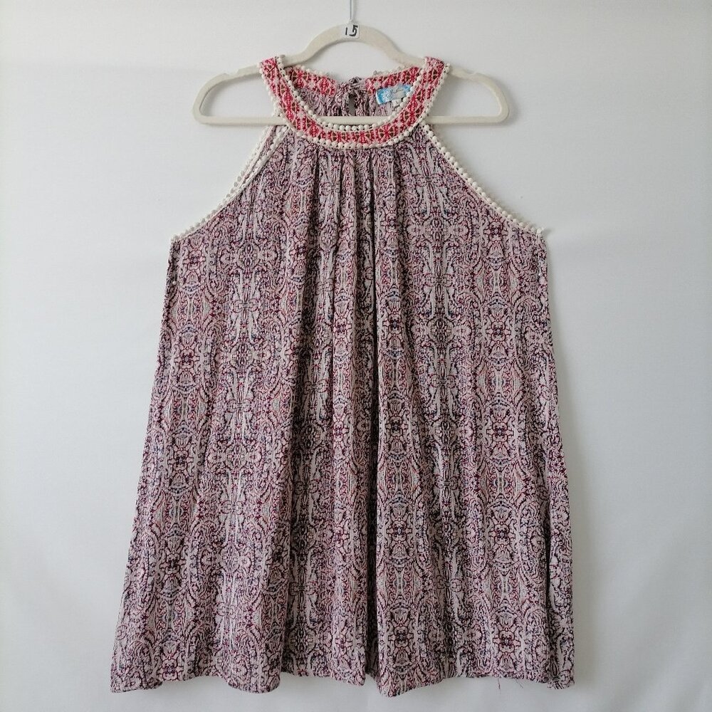 J Gee Women's Multicolor All Over Print Pom Pom Edge Halter Mini Dress Size L